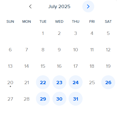Available Dates for July
